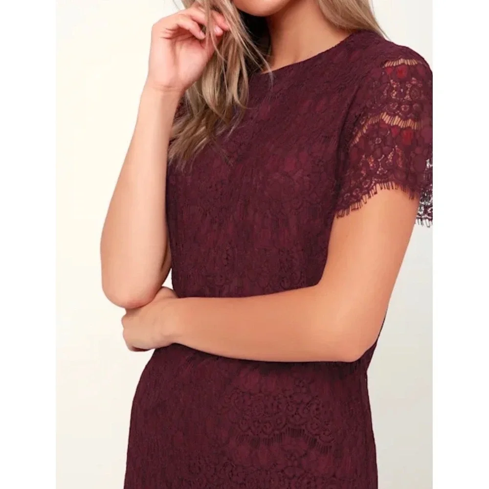 Lulus Take Me to Brunch Burgundy Lace Shift‎ Mini Dress Size Large NWT
